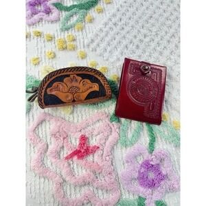 Hand Tooled Leather vtg coin  Purse Wallet Red Embossed Journal Diary Set 2